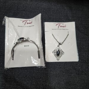 Toni Genuine Black Onyx Pendant Necklace And Bracelet Silvertone